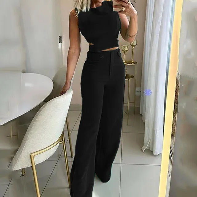 Maura™ | Chique Cropped Top and High Waist Long Pants Set